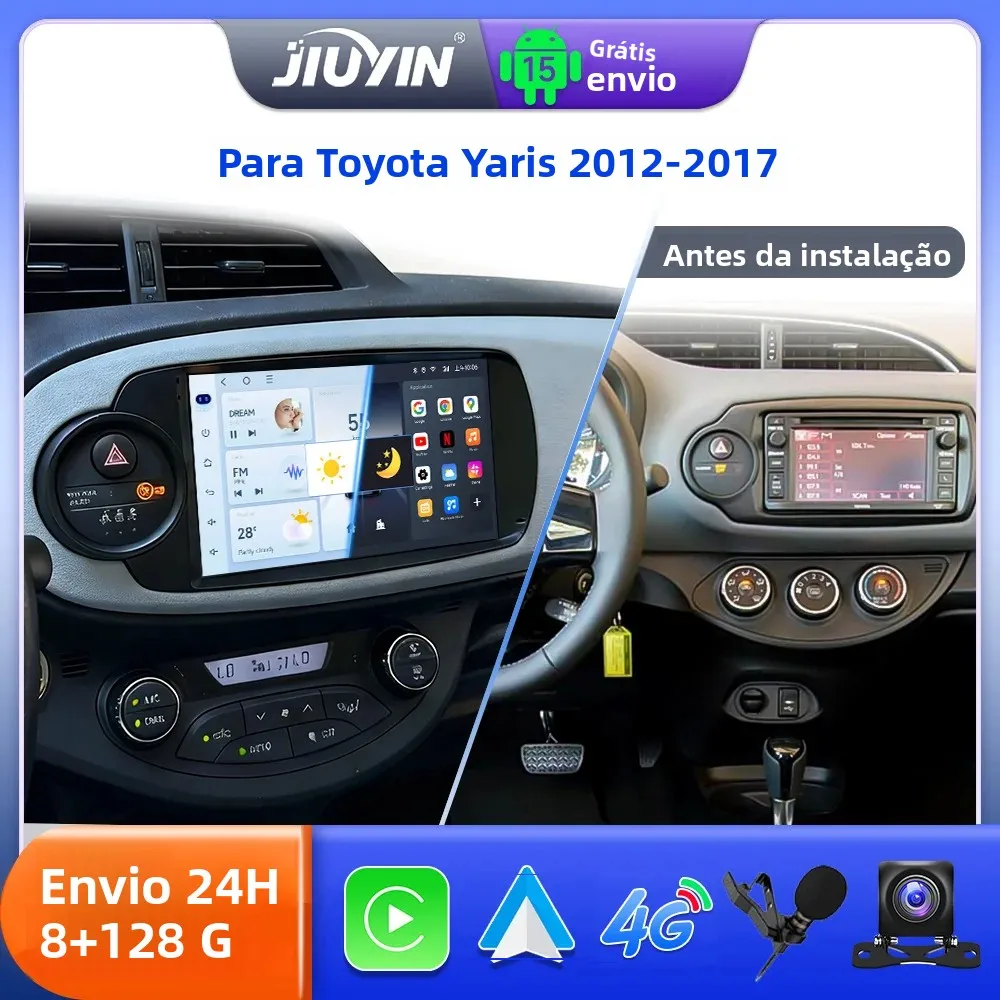 Rádio Automotivo JIUYIN 9" Android 15 para Toyota Yaris 2012-2017, Central Multimídia Automotiva com Bluetooth, GPS, Navegação e Tela Carplay 2DIN
