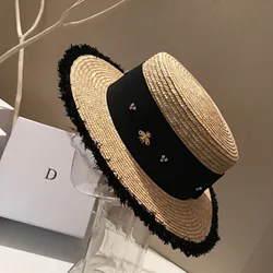 Natural grass wheat straw woven flat top hat summer outdoor shade sunscreen rhinestone women's straw hat travel fashion sun hat