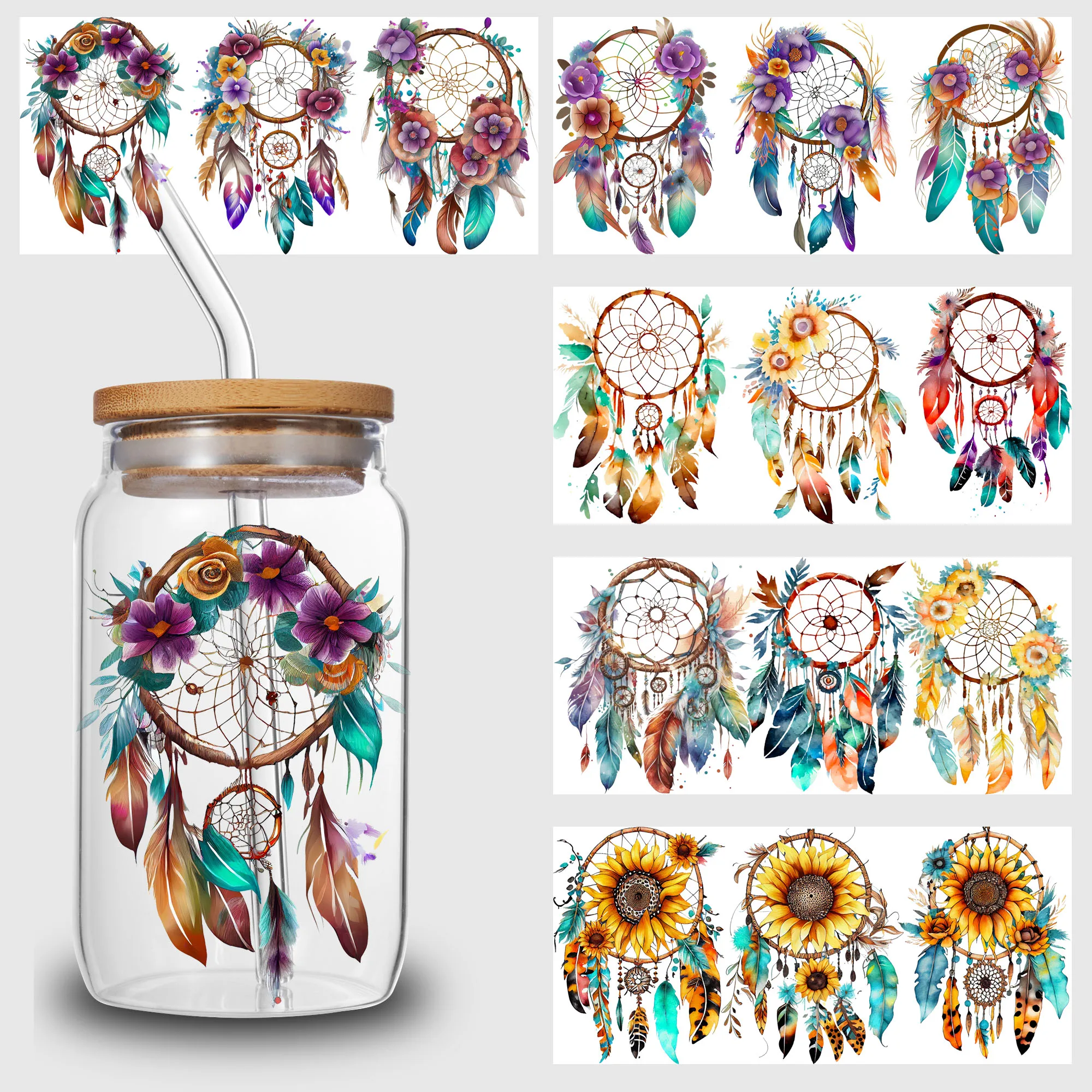 5 sheets Feathers Bohemian Dream Catcher UV DTF Cup Stickers, Glass Sports DTF Transfer Stickers, Waterproof Wipe-On Transfer