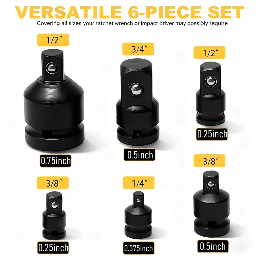 6pcs Impact Adapter And Reducer Head Kit, 1/4, 3/8, 1/2, 3/4 Inch Female-to-male Air Square Drive Conversion Wrench Tool, Highly Suitable for Auto Repair And Mechanical Work with Protective Cover, The Perfect Gift for Maintenance Technicians