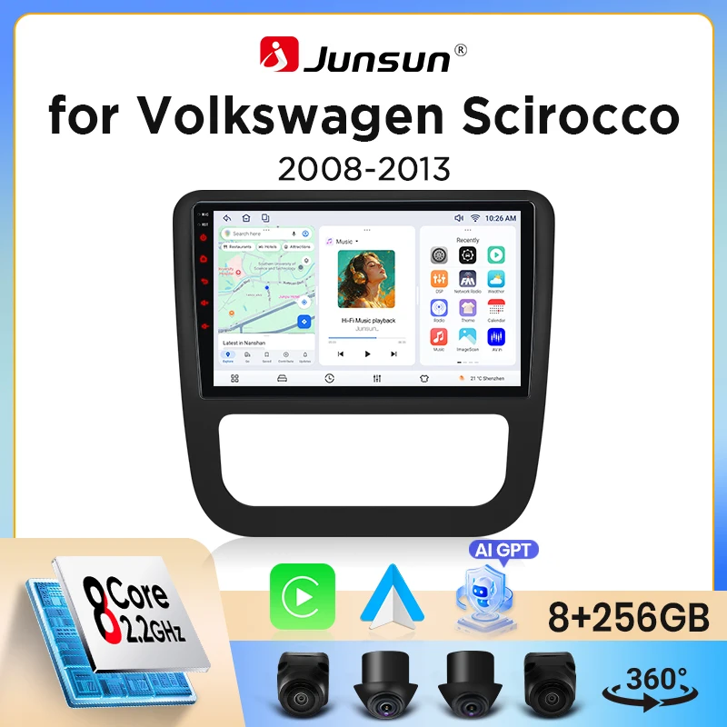 Autoradio Junsun sans fil CarPlay Android Auto pour Volkswagen (VW) Scirocco Mk3 (Typ 13 pré-lifting) 2008-2014 avec ventilateur de refroidissement intégré, navigation GPS Android, lecteur multimédia, WiFi, DSP, RDS, BT, SWC, écran tactile IPS, autoradio, lecteur vidéo, unité principale, stéréo