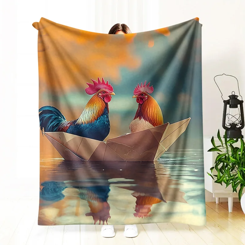 1pc Vintage -Inspired Chicken Design Blanket - Soft Warm Throw with Jack & Henri/Chicken & Origami Boat Print, All-Season Couch
