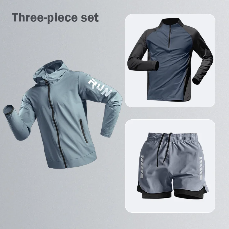 

Мужской спортивный костюм из трех предметов: быстросохнущий комплект для бега, велоспорта, тренировок и фитнеса, весенняя куртка, одежда для утренних пробежек и активного отдыха