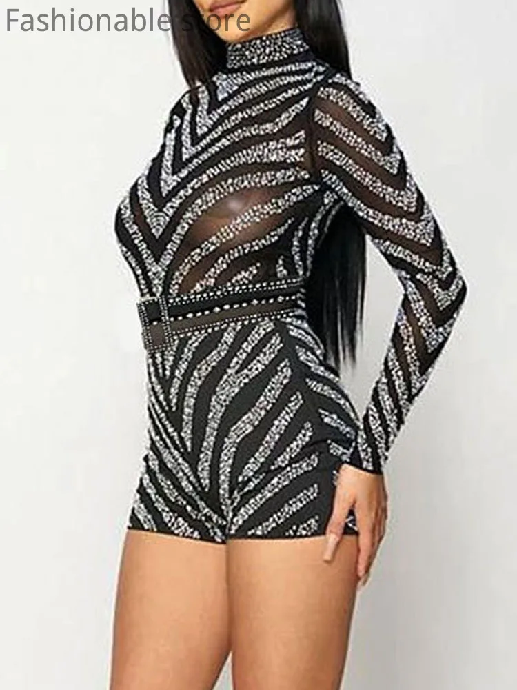 Women Sexy Romper Half High Collar Rhinestone Detail Mesh Long Sleeve Straight Playsuits