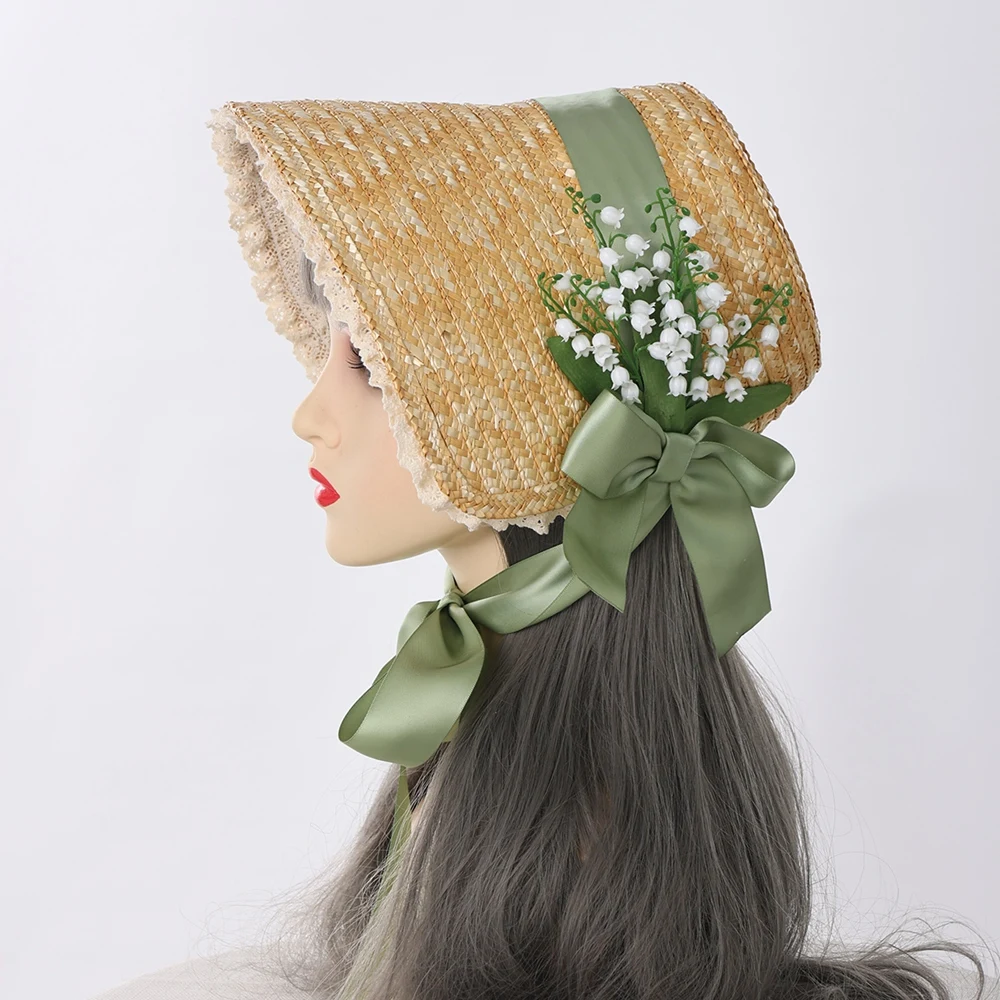 Women Victorian Style Hat Vintage Royal Straw Bonnet Sun Hats Lolita Girl Elegant Lace Flowers Straws Cap