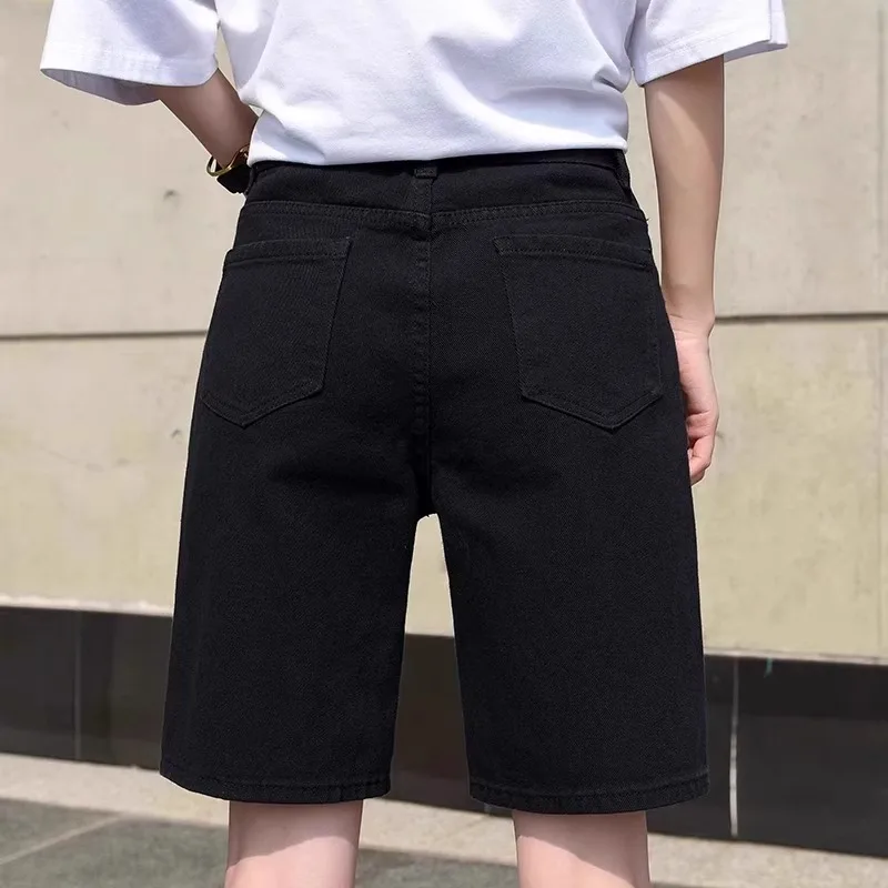 White High Waist Loose Fit Thin Denim orts Women's Summer Casual Straight Leg Five-Quarter Length for Pear aped Body
