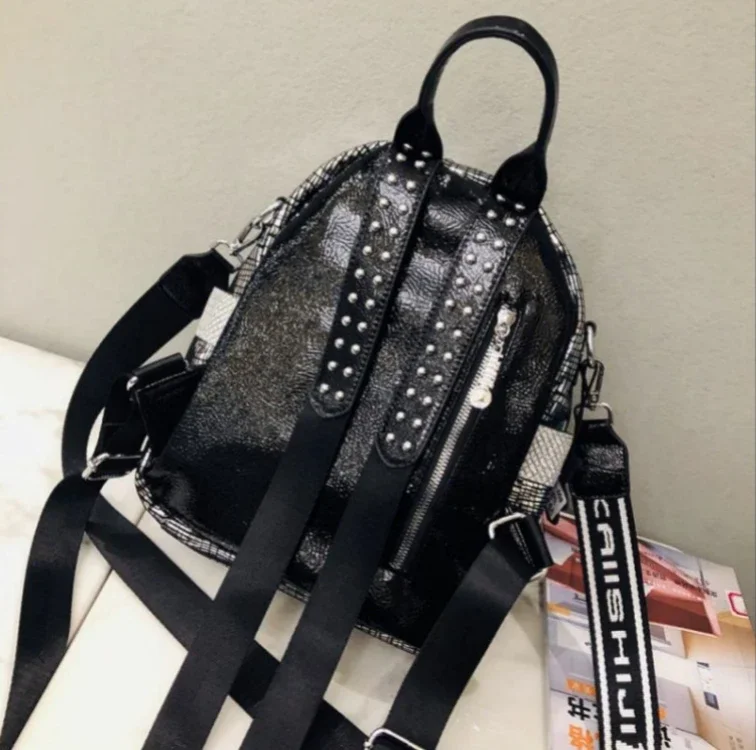 Women Vintage Rhinestone Rivet Leather Medium Size Black Backpack Retro Chic 80s Fashion Luxury Designer Travel Stylish Backpack