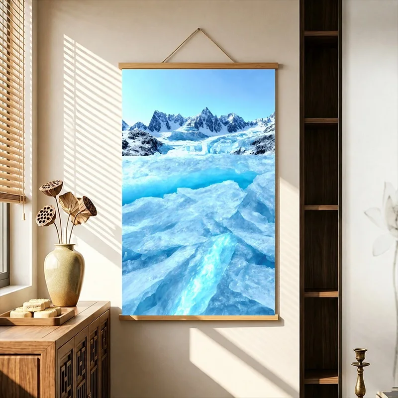 Wall Art Blue Glaciers and Frozen Mountain Valleys, Nordic Landscape Pearlescent Canvas Wall Hanging Scroll for Boutique Hotel