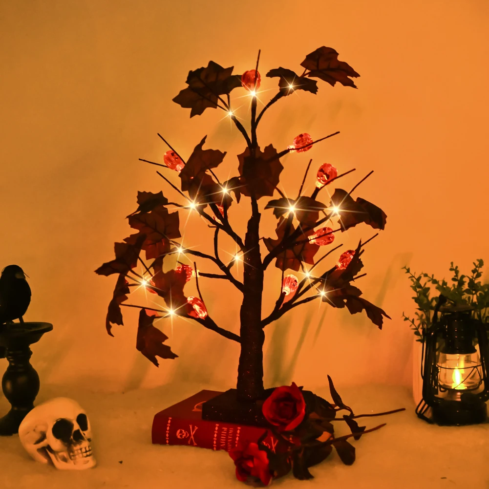 24 LED برتقالي مضاء للهالوين شجرة البتولا الاصطناعية الخفيفة DIY فروع سوداء أضواء الطاولة هالوين مخيف