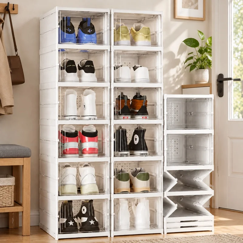 Clear Three-Layer Stackable Shoe Storage Box with Dust Protection and Foldable Structure for Sneakers