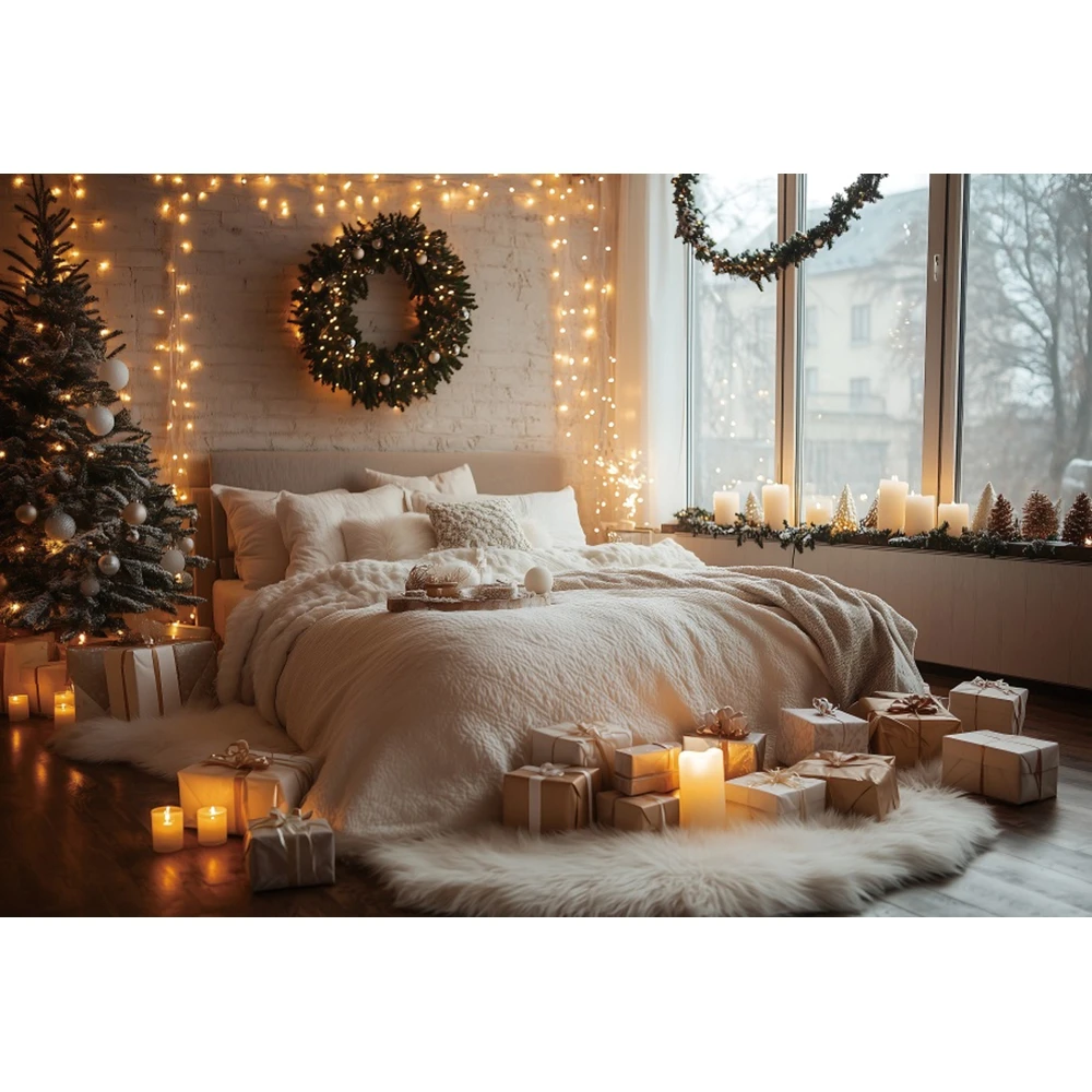 عيد الميلاد غرفة نوم المشهد التصوير خلفية شجرة عيد الميلاد نافذة إكليل الأسرة صورة التصوير خلفية الصورة استوديو الدعائم