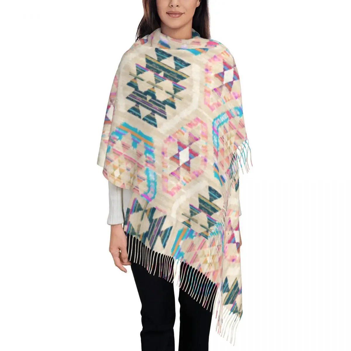 Textured Pastel Kilim Pattern Tassel Scarf Women Soft Vintage Turkish Geometric Ethnic Art Shawls Wraps Female Winter Scarves