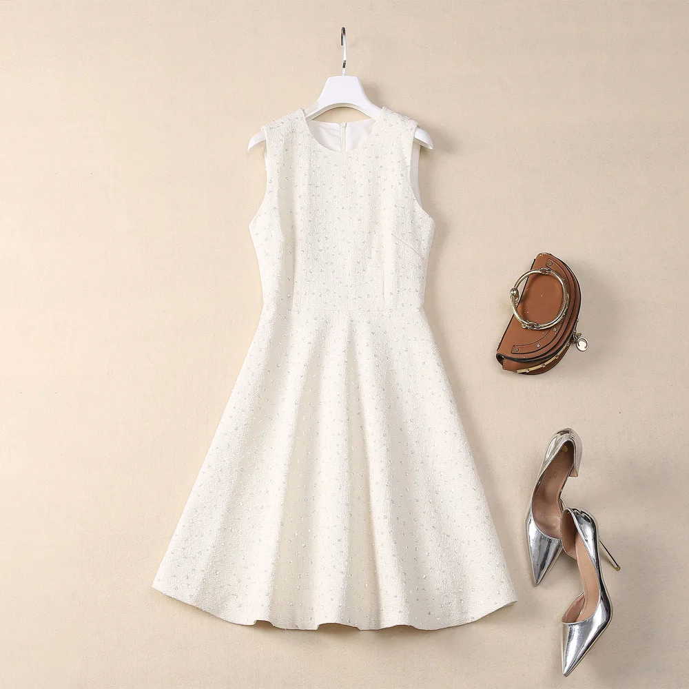 

European and American women's clothing 2024 summer new Round neck Sleeveless heavy sequin beading fashion Pleated dress