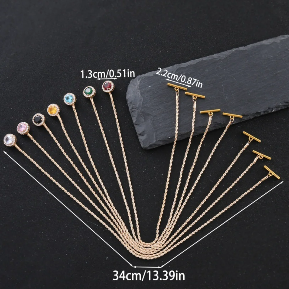 Exquisite Gold Long Chain Colorful Gemstone Cufflinks Shirt Cuff Decoration with Long Chain Pins Business and Leisure Pin