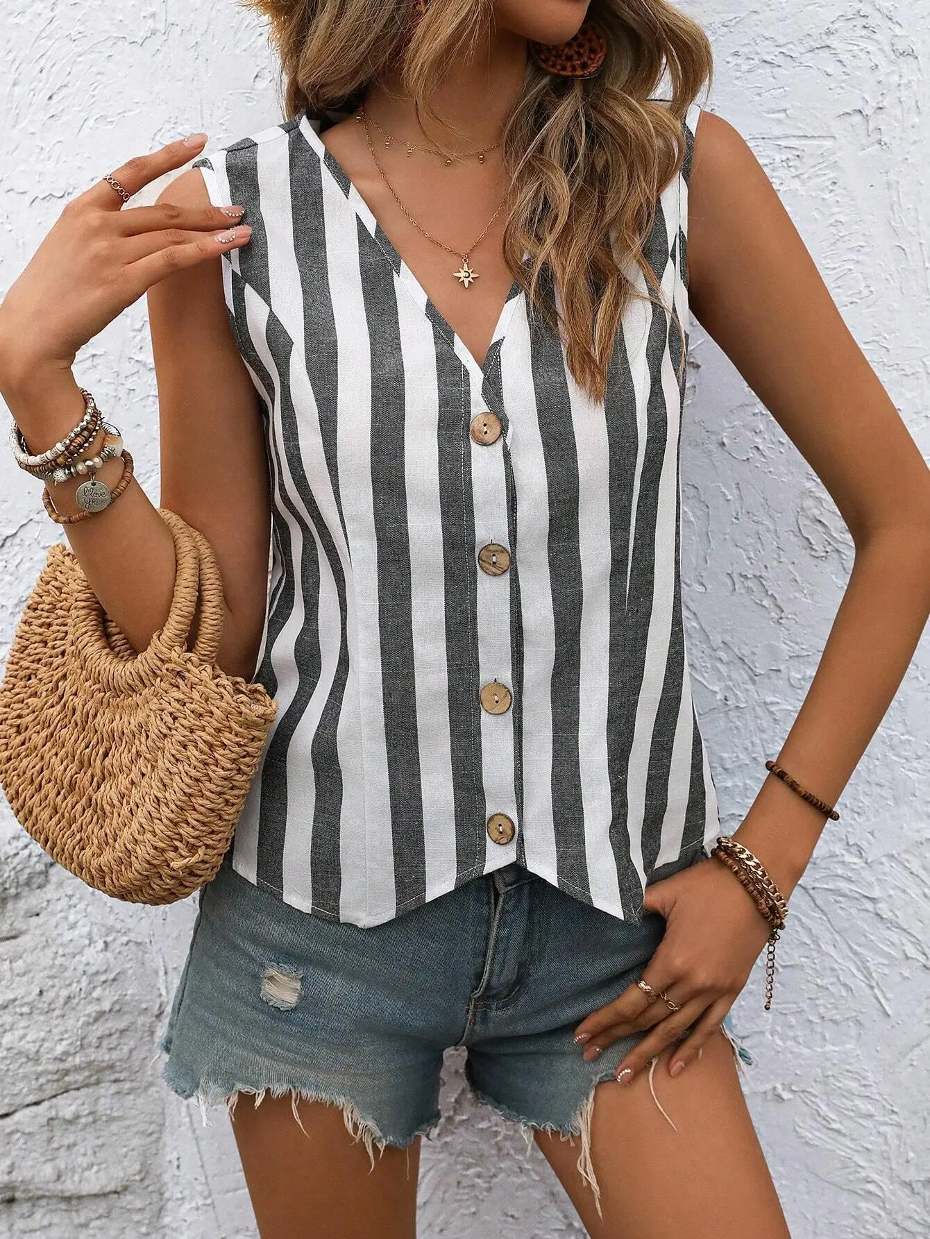 

Sleeveless Vest Top V-neck Single Breasted Fashion Stripes Casual Summer Color Contrast Slim-fit Simple Waistcoat For Women