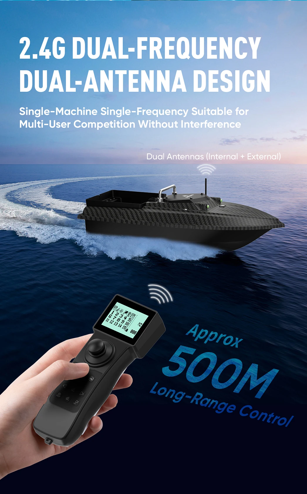 Köderboot mit GPS, 600 m Fernsteuerung, RC-Nachtboot mit LED-Beleuchtung zum Angeln, 3 kg Ladekapazität, Angelboot, 46800 mAh, 65 cm verlängerte Rumpflänge, 3,6 m/1S Hochgeschwindigkeits-Köderauswurf, Hakenlieferung, Schleppnetz – Detail 4