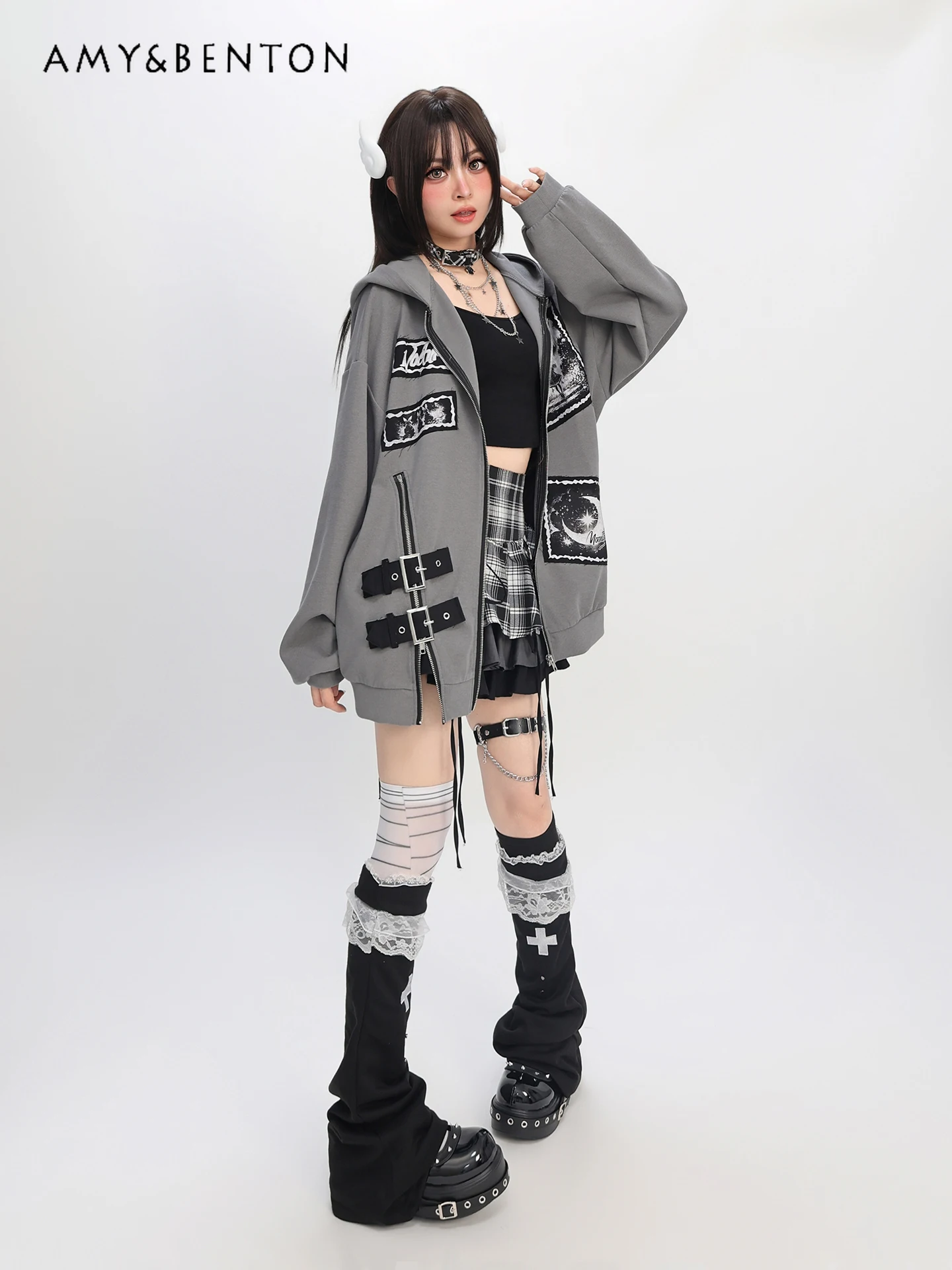 Japanese Subculture Gothic Anime Print Heavy Industry Patchwork Zip Up Hoodie Sweet Cool Hot Girl Oversized Casual Hoodies Women