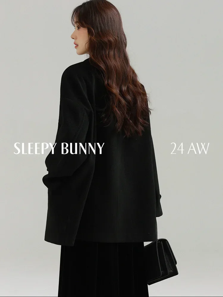 Winter Women Black Wool-like Blazer Coat Short Loose Fit Pea Coat Elegant Warm Outerwear for Petite Frames Chic and Versatile