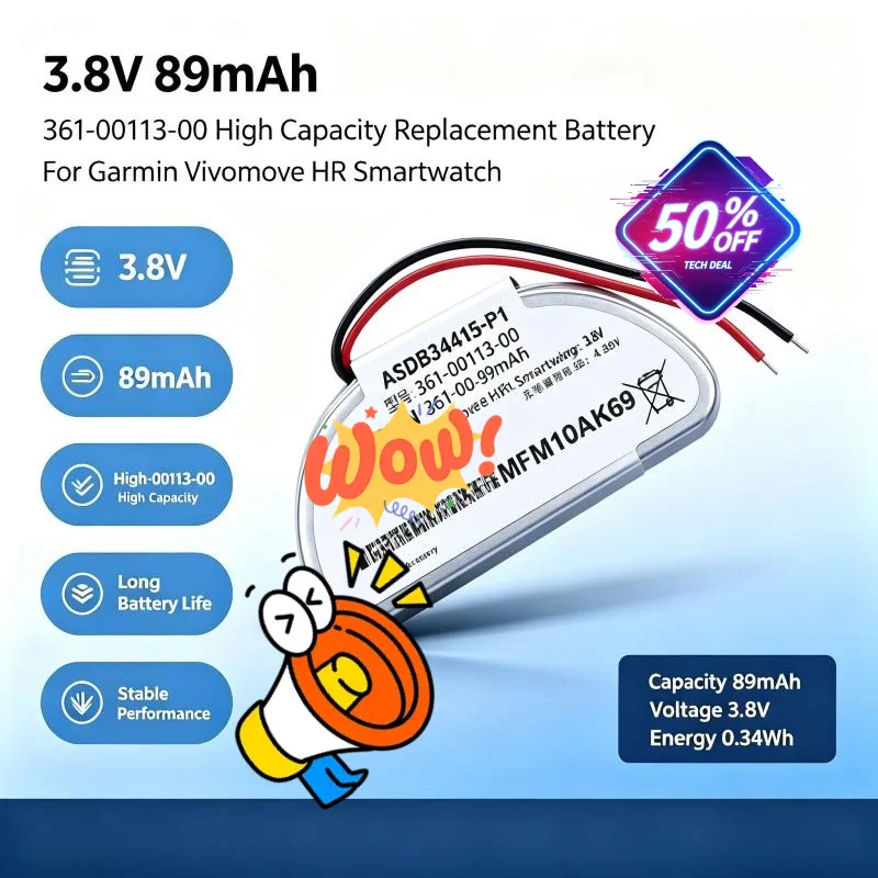 High Quality 3.8V 89mAh 361-00113-00 High Capacity Replacement Battery For Garmin Vivomove HR Smartwatch Spare Repair Accessory