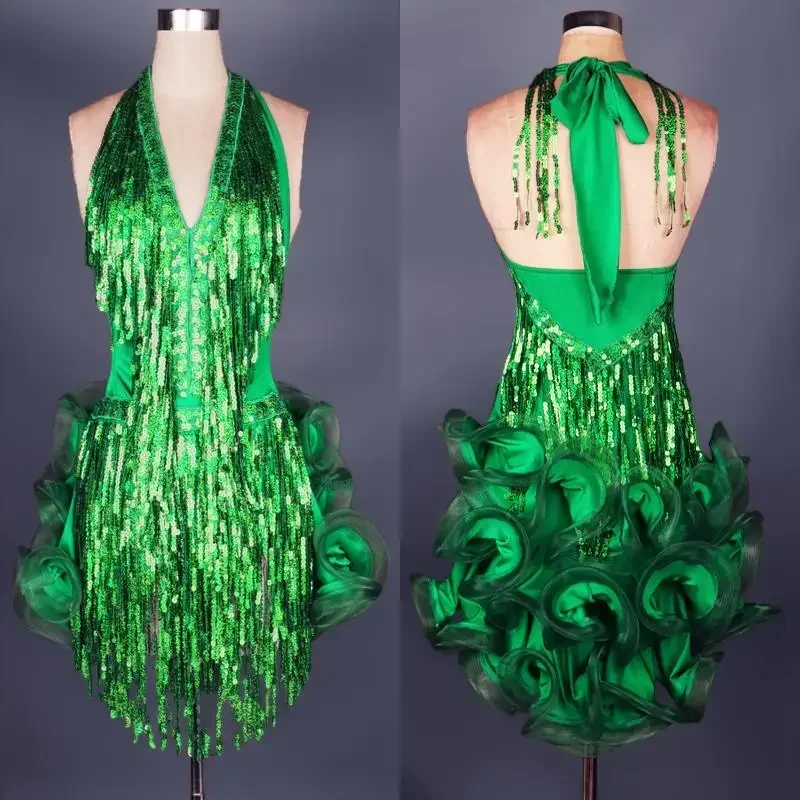 라틴 댄스 의상 여성 볼룸 경연 대회 의상 Tassel Green 전문 여성 Tassel Samba Costume Color