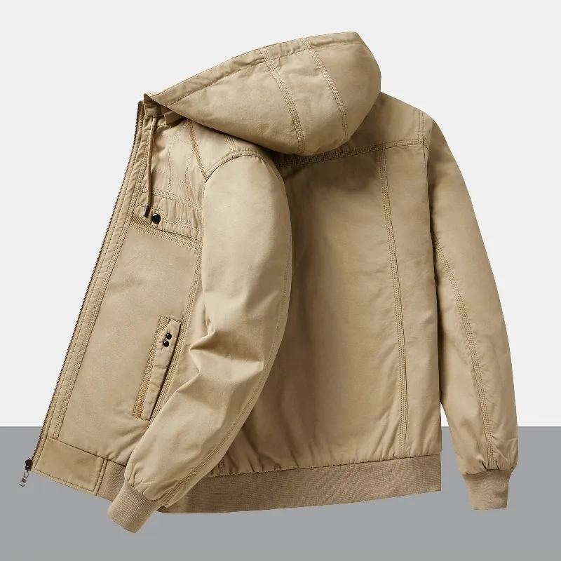 Men Reversible Hooded Jacket Cotton Shell Zip Front Regular Fit Casual Long Sleeve Coat with Pockets for Autumn Winter Wear