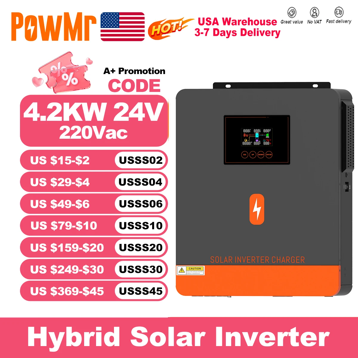 

PowMr USA 4.2KW 24V Hybrid Solar Inverters 220Vac Output With MPPT 120A Charge Regulator Support Wifi for Lifepo4 Power Bank