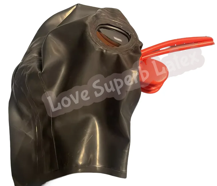 Vollständige Abdeckung der Latexmaske mit Augenglas, 15 cm langem Nasenschlauch und roten Zähnen, sexy Latex-Gummi-Maske, Augenglas-Gegenlichtblende