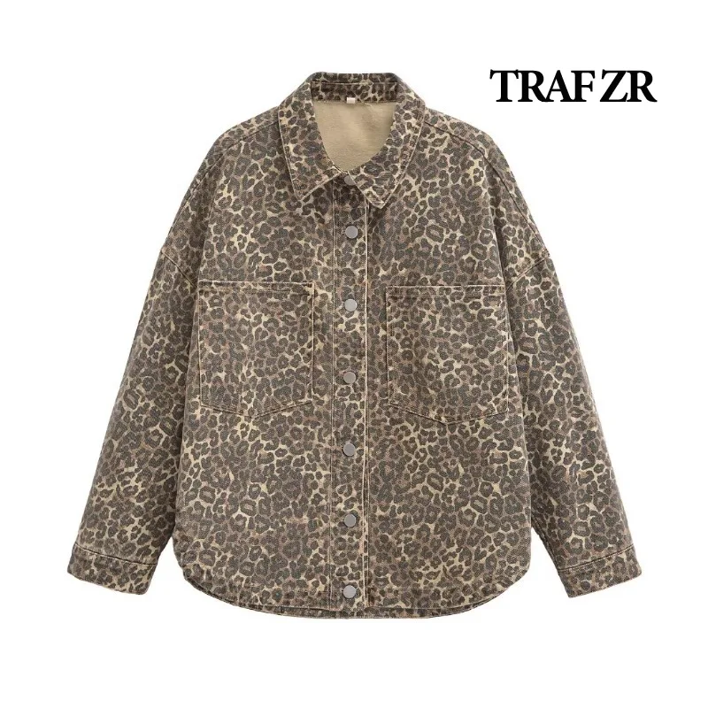 TRAF ZR Lady Jackets Women\'s Autumn Coat Y2k Vintage Top American Vintage Urban Coats New in Coats Leopard Print Blouses Jacket