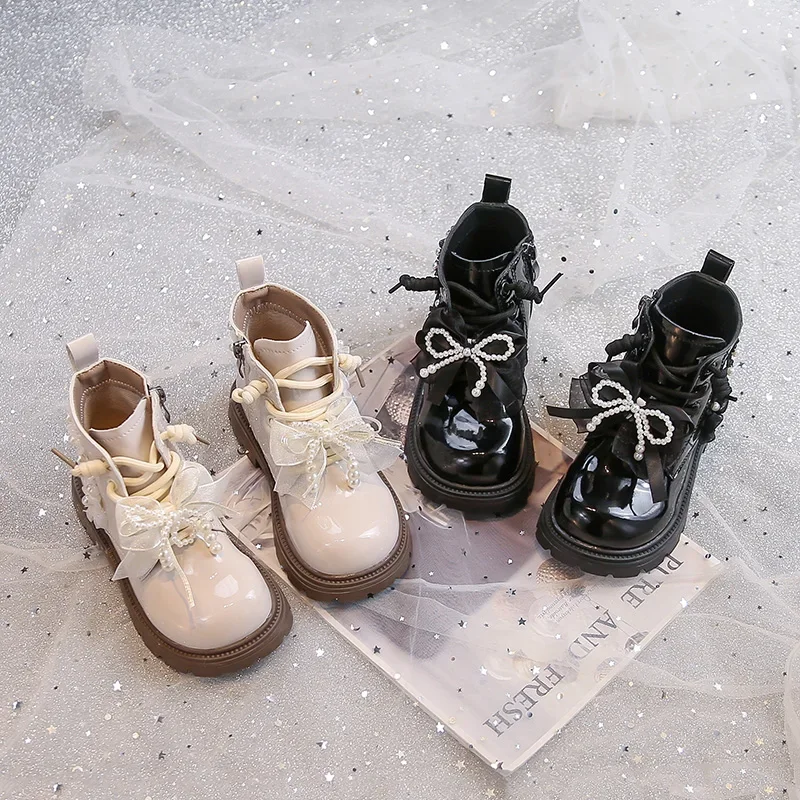 

Кожаные сапоги для девочек, детские сапоги принцессы с милыми кружевными бантами, однотонные, универсальные, осень-зима 202, новые короткие сапоги для девочек с боковой молнией