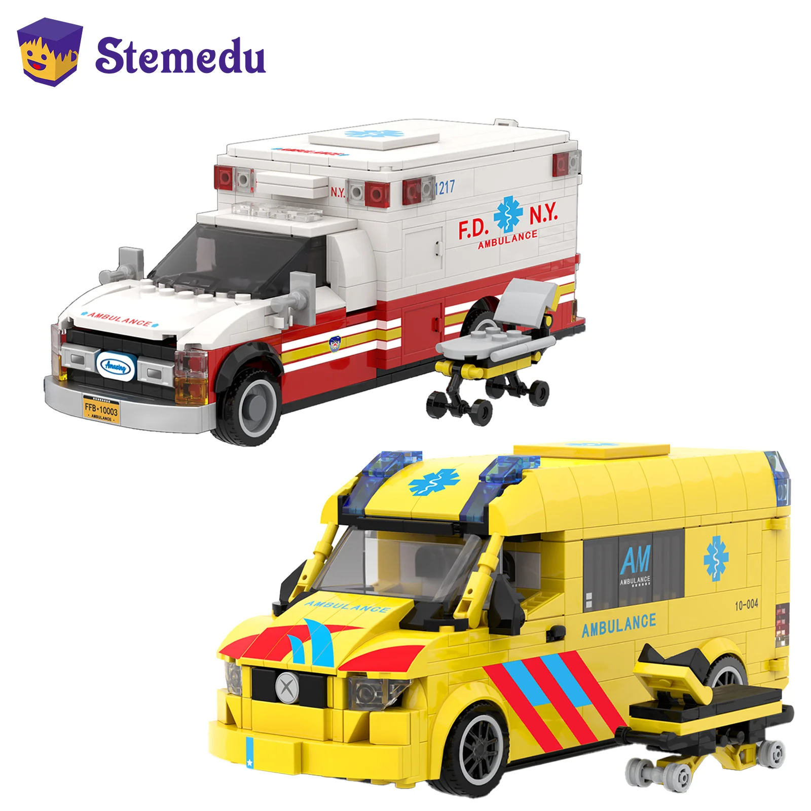 MOC Americano/Europieno Ambulanza Building Blocks Modello di veicolo simulato Ornamenti creativi Scena ospedaliera fai da te Ragazzi Giocattoli Regali