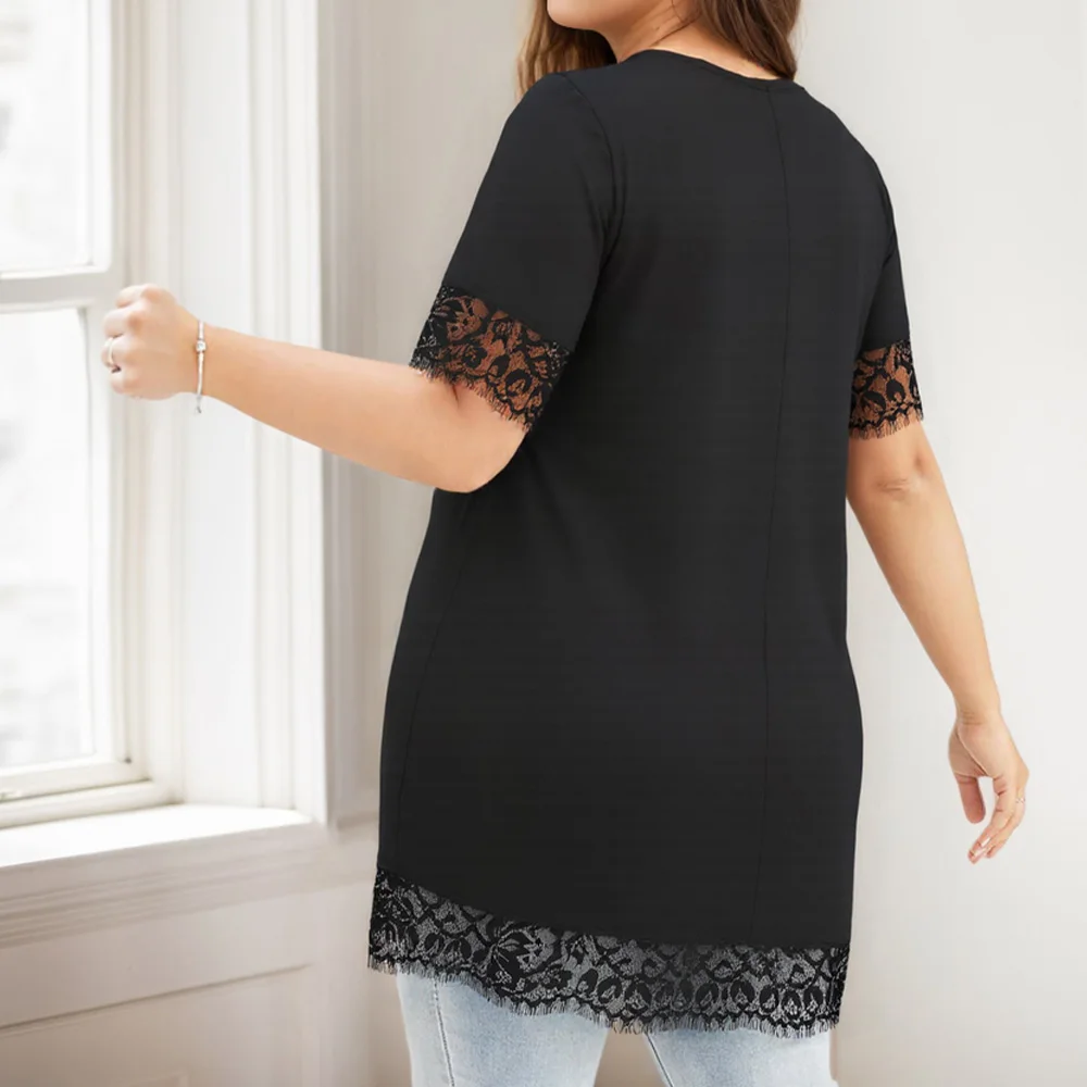 حجم كبير المرأة الصلبة الدانتيل الجولة الرقبة قصيرة الأكمام تونك القمم السيدات الصيف عطلة بلوزة كاجوال تي شيرت تي شيرت حجم 1XL-5XL