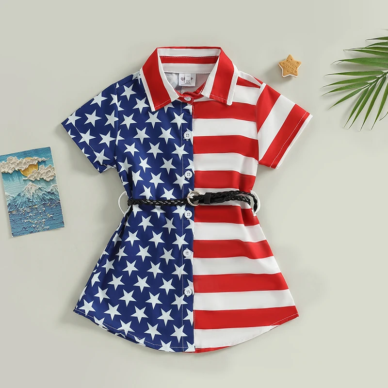 

Girls Patriotic Dress Sleeveless Round Neck Button Closure American Flag Print Dress with Bow Belt for Fourth of July