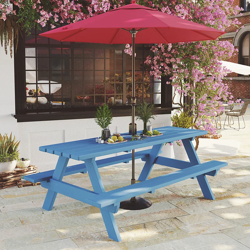 Anti-corrosion outdoor solid wood one-piece dining table and chairs with umbrella combination outdoor integrated courtyard