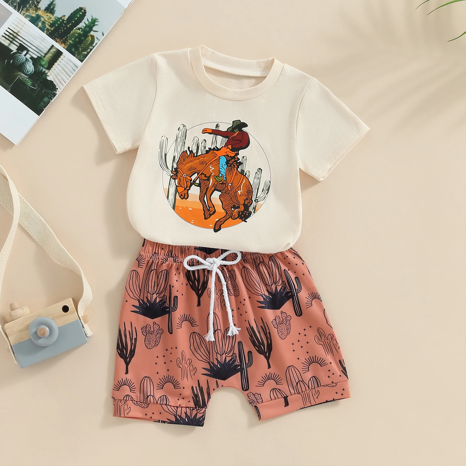 

Baby Boys Summer 2 Piece Clothing Western Print Short Sleeve T-Shirt Tops Elastic Shorts Outfits Set Cute Boys Clothing Set