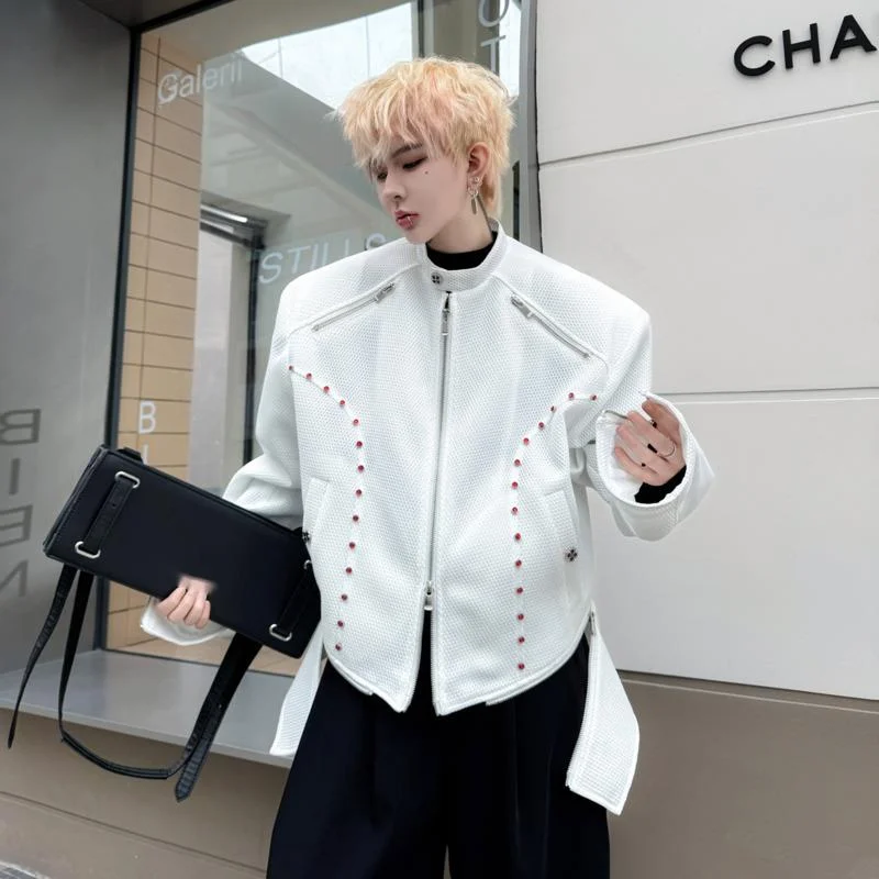 WVGA Spring Autumn New Men Solid Color Stand Collar Rivet Zipper Decor Trendy Jacket Niche Chic Casual Long Sleeved Coats W18590