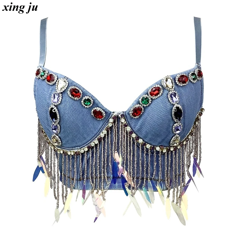 

Xing Ju Women Jazz Dance Sexy Sequined Diamond Chain Cropped Tops Fashion Sleeveless Corset Blue Denim Vest Nightclub Stage Wear