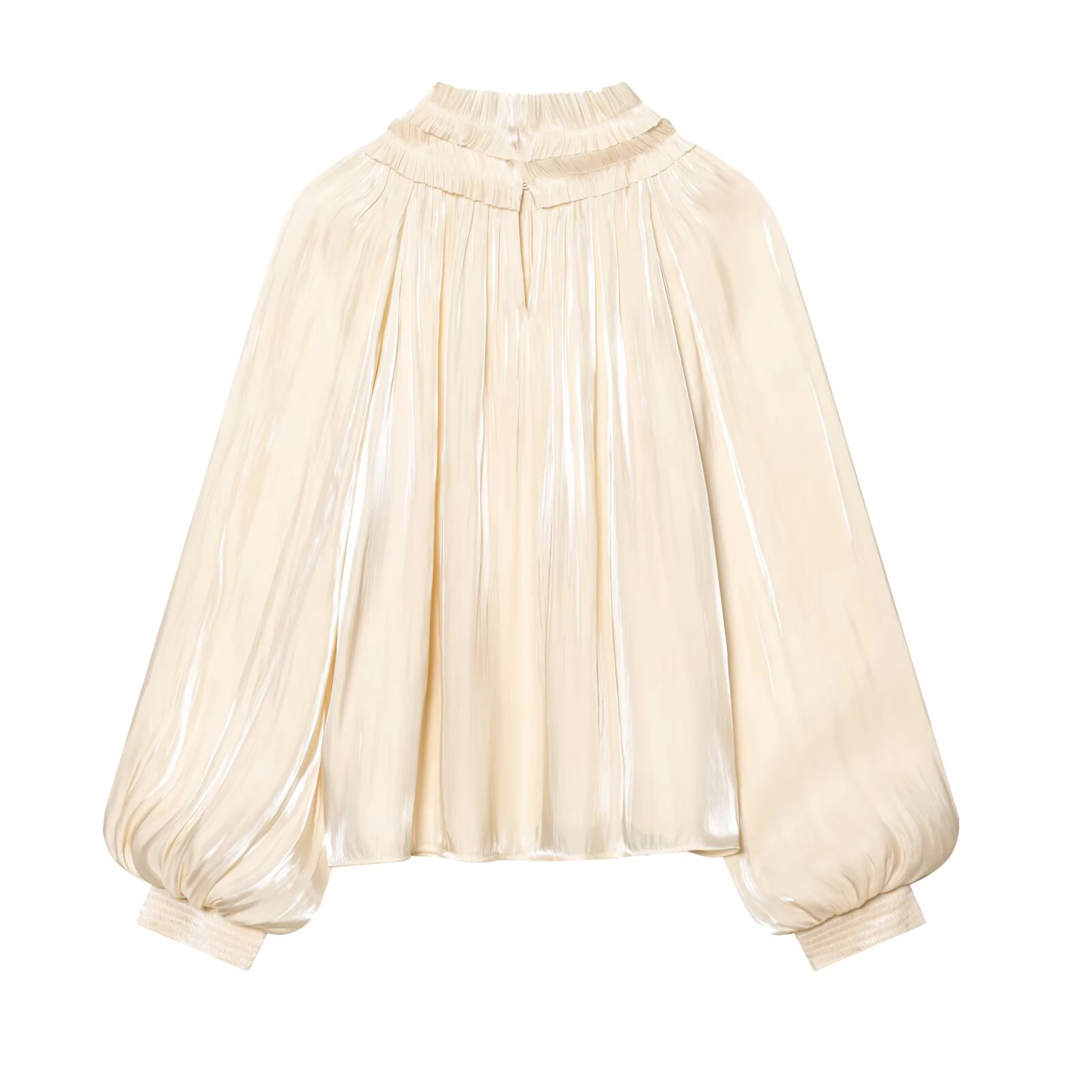 Spring new women's casual style layered decoration stand collar long sleeved shiny silk texture shirt