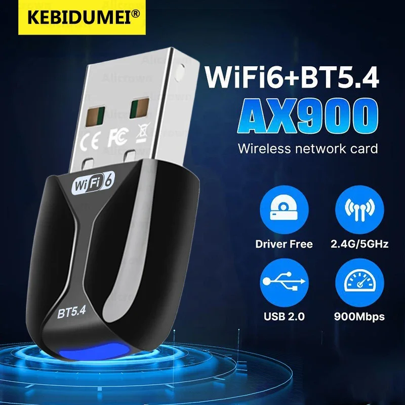 WIFI6 AX900 USB WiFi Bluetooth 5.4 Wireless Adapter Dual Band 2.4G+5GHz 900Mbps Network Card 2 IN 1 Receiver Dongle For Win10/11