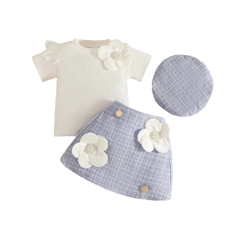 

Baby Clothing Sweet Fashion 3Pcs/sets Summer Round Neck Short Sleeves Decal T-shirt Tops Skirts and Beret Baby Girl Set