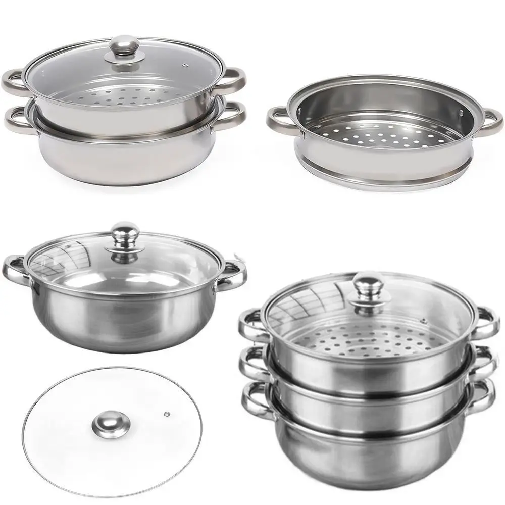 2/3 Tier Steamer 3-Layer Stainless Steel Steamer Cooker Steam Pot Set Pan Cook Pot Food Veg Cooking Kitchen Cookware