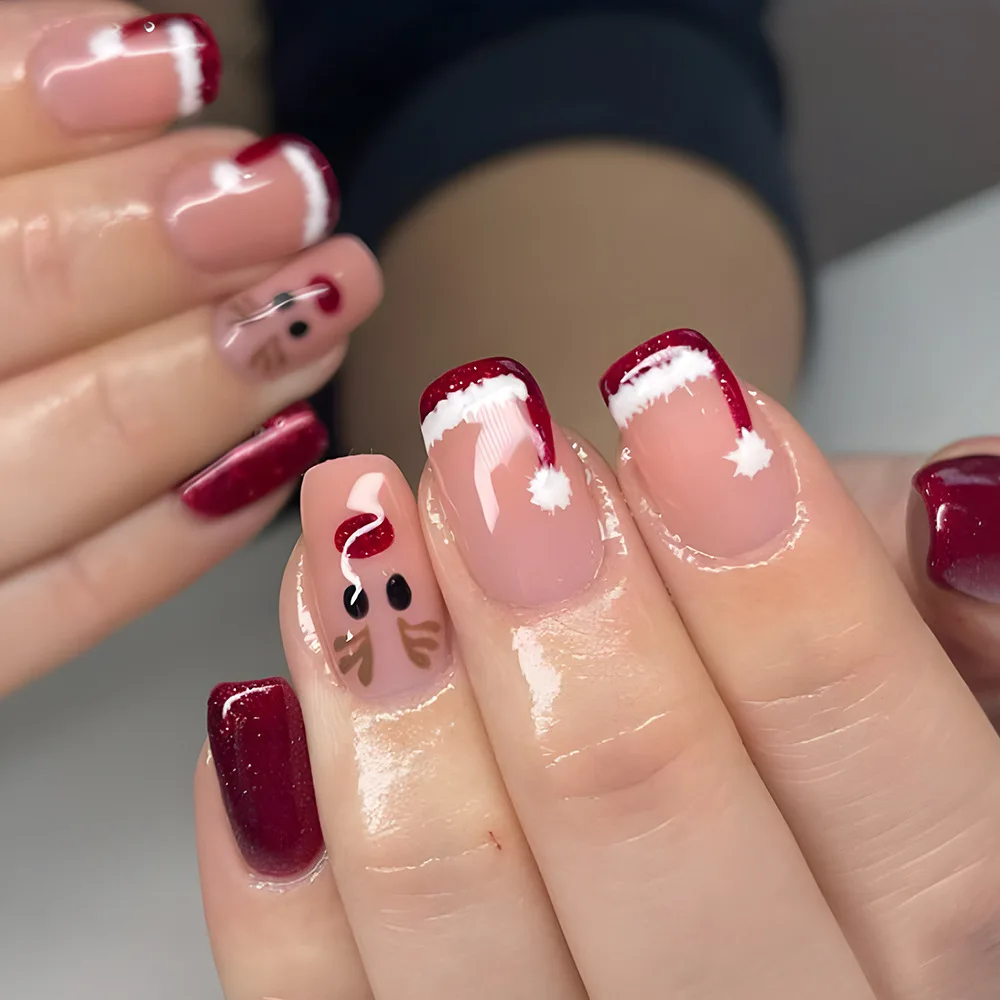2026 New Simple Christmas Theme Burgundy Nail Art - Warm Holiday Atmosphere, Cute and Sweet Style