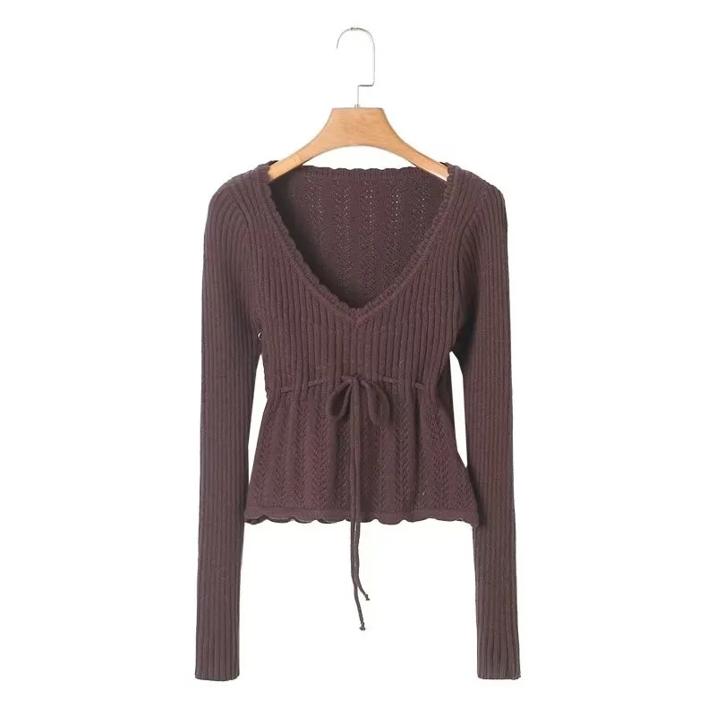 2023 Retro French Style V Neck Crop Pointelle Knit Pullover Sweater Woman Lacing Up Bow Waist Long Sleeve Jumper Knitwear