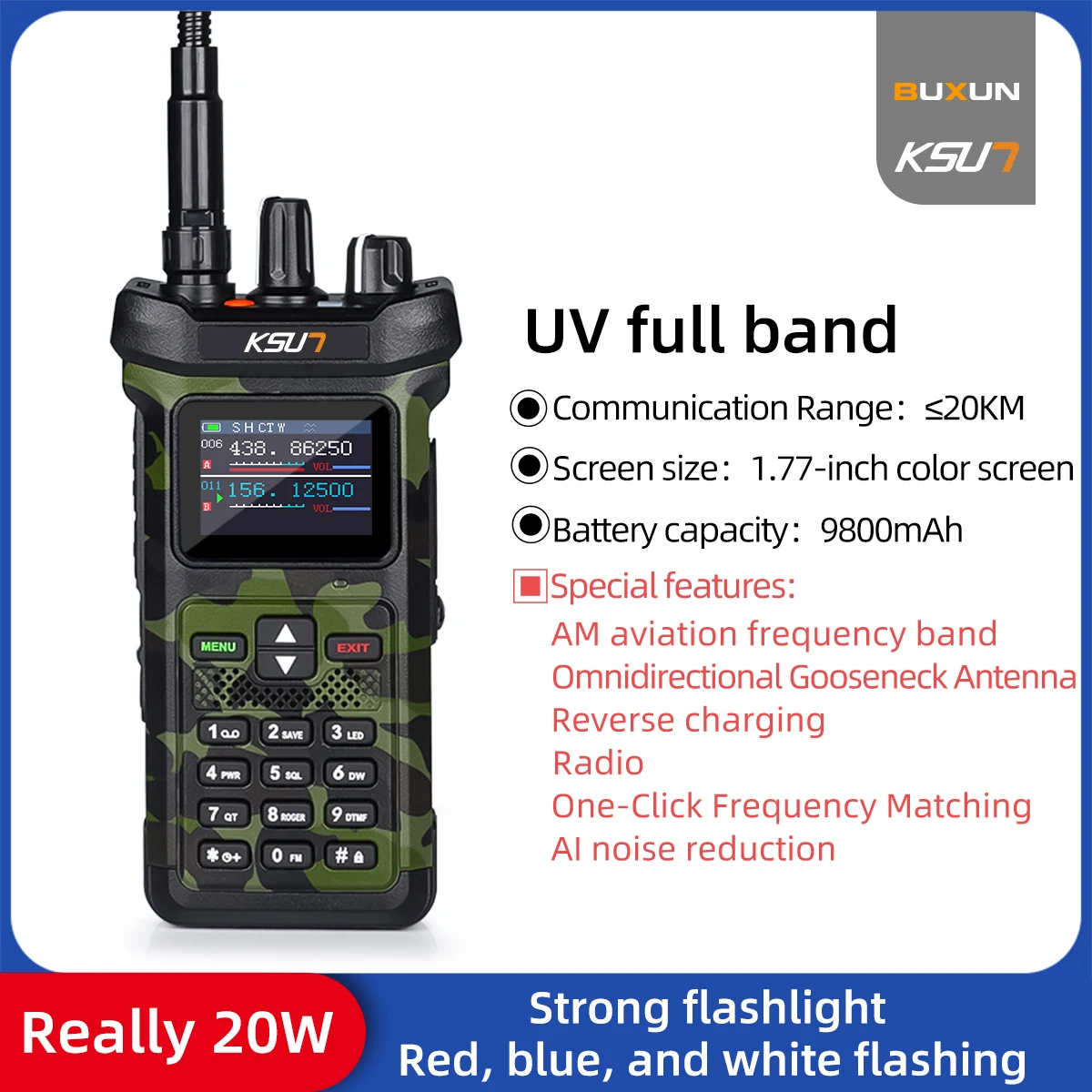 

KSUN UV119D 20W VHF UHF Dual Band Flashlight Reverse Charge High Power Walkie Talkie Ham Radio Transceiver