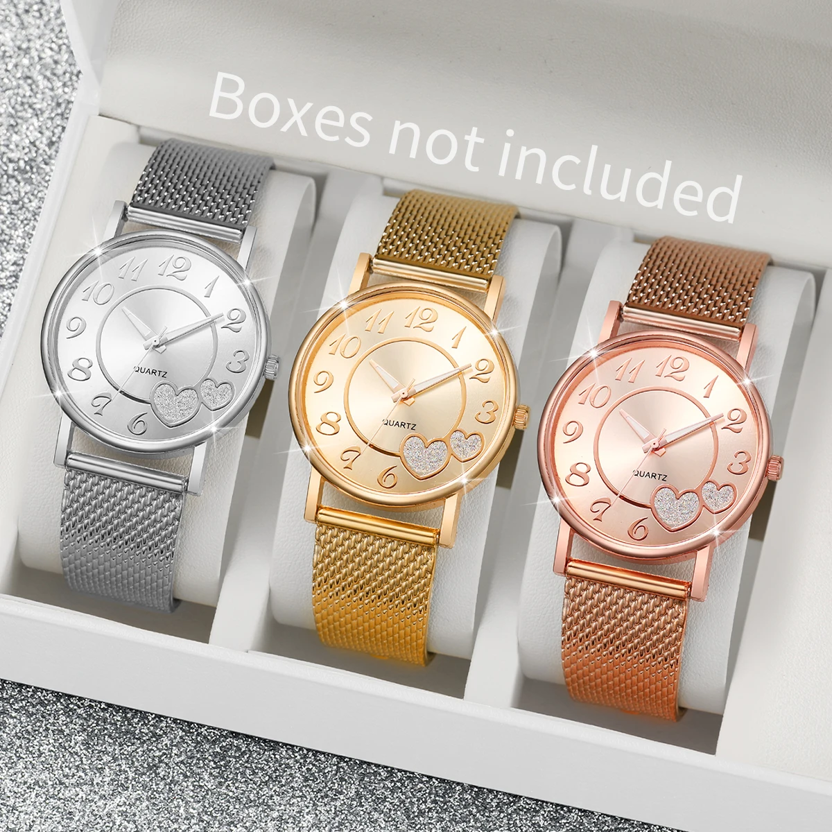 3pcs/set Women Fashion Plastic Strap Quartz Watch Rose Gold Gold Silver Set