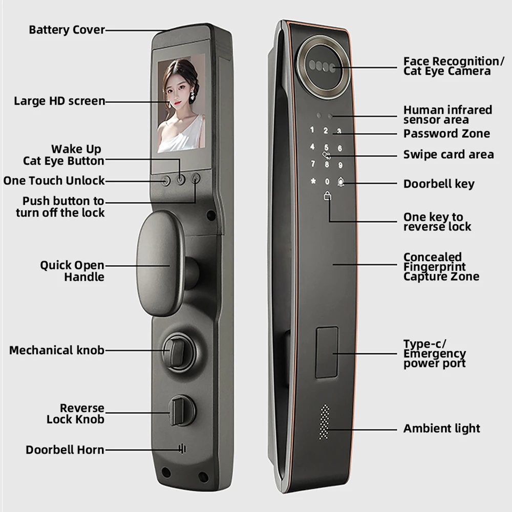 3D Face Recognition Digital Door Lock WiFi VLink Voice Intercom Fingerprint IC Card Smart Lock Unlock  Security Access Control