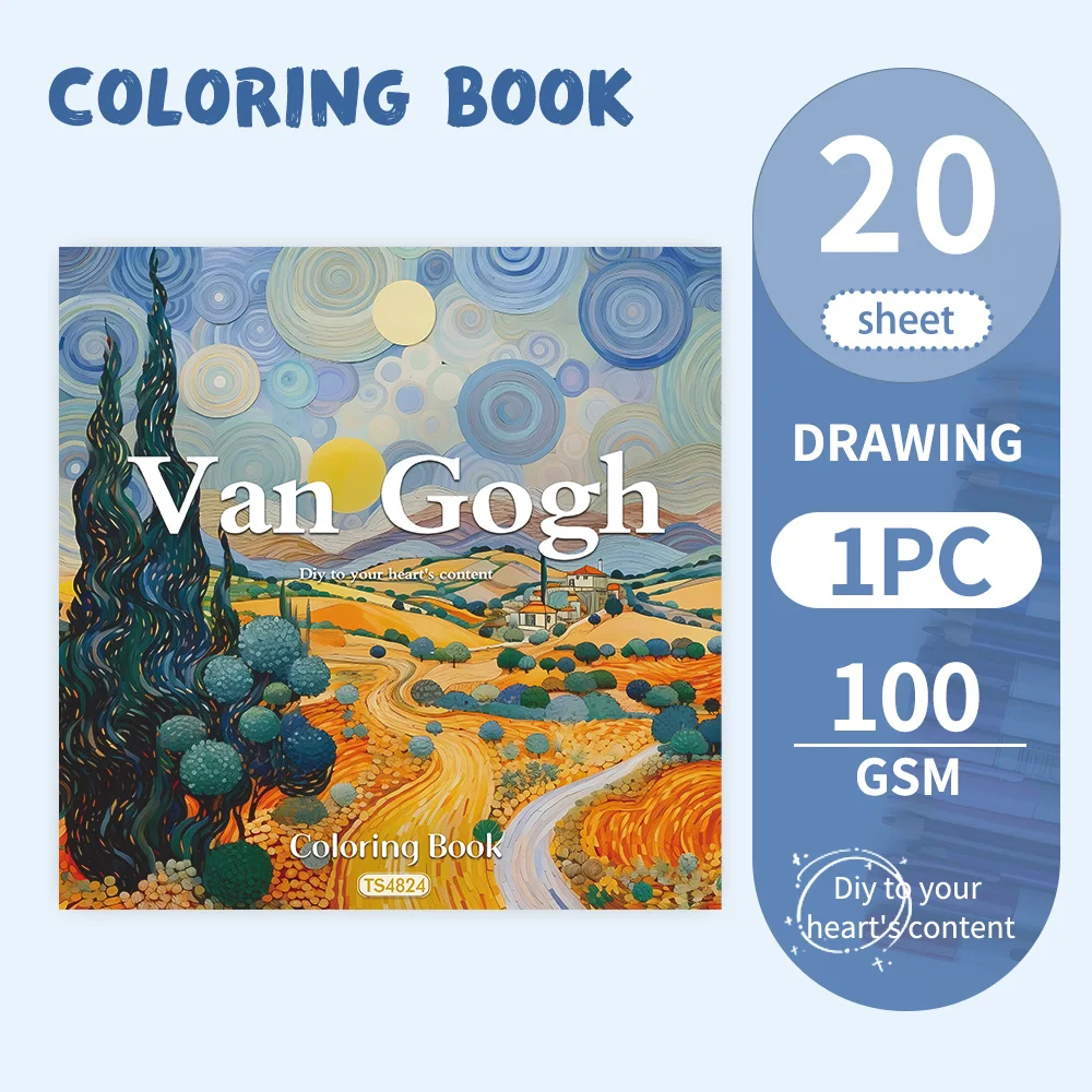 1pc Vangogh  Coloring Book Set, Abstract Style, 20 Unique Designs, 8.3 X 8.3 Inches, Stress Relief Drawing Book,Perfect Gift