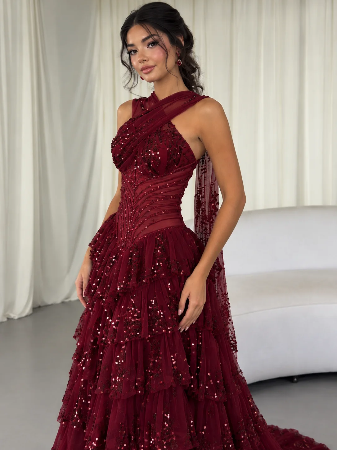 LumiGown Burgundy Halter Tiered Tulle Evening Dress Beaded Sequin Corset Formal Gown Custom Luxury Ruffle Cake Prom Dress Women