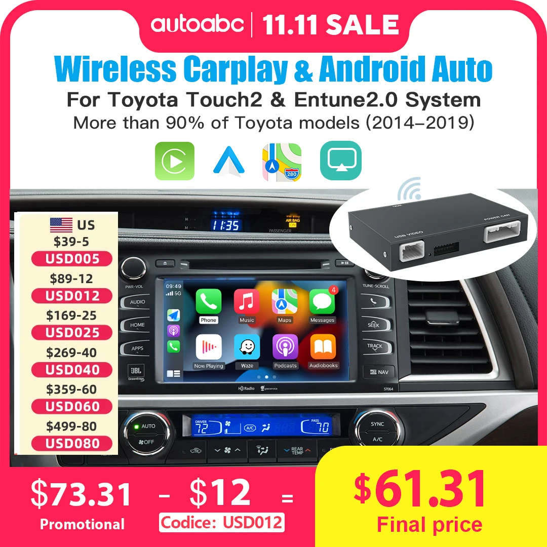 AUTOABC Wireless Carplay Android Auto for TOYOTA Touch2 Entune2.0 Highlander Tundra Sienna Prius Yaris Camry CHR Module Decoder