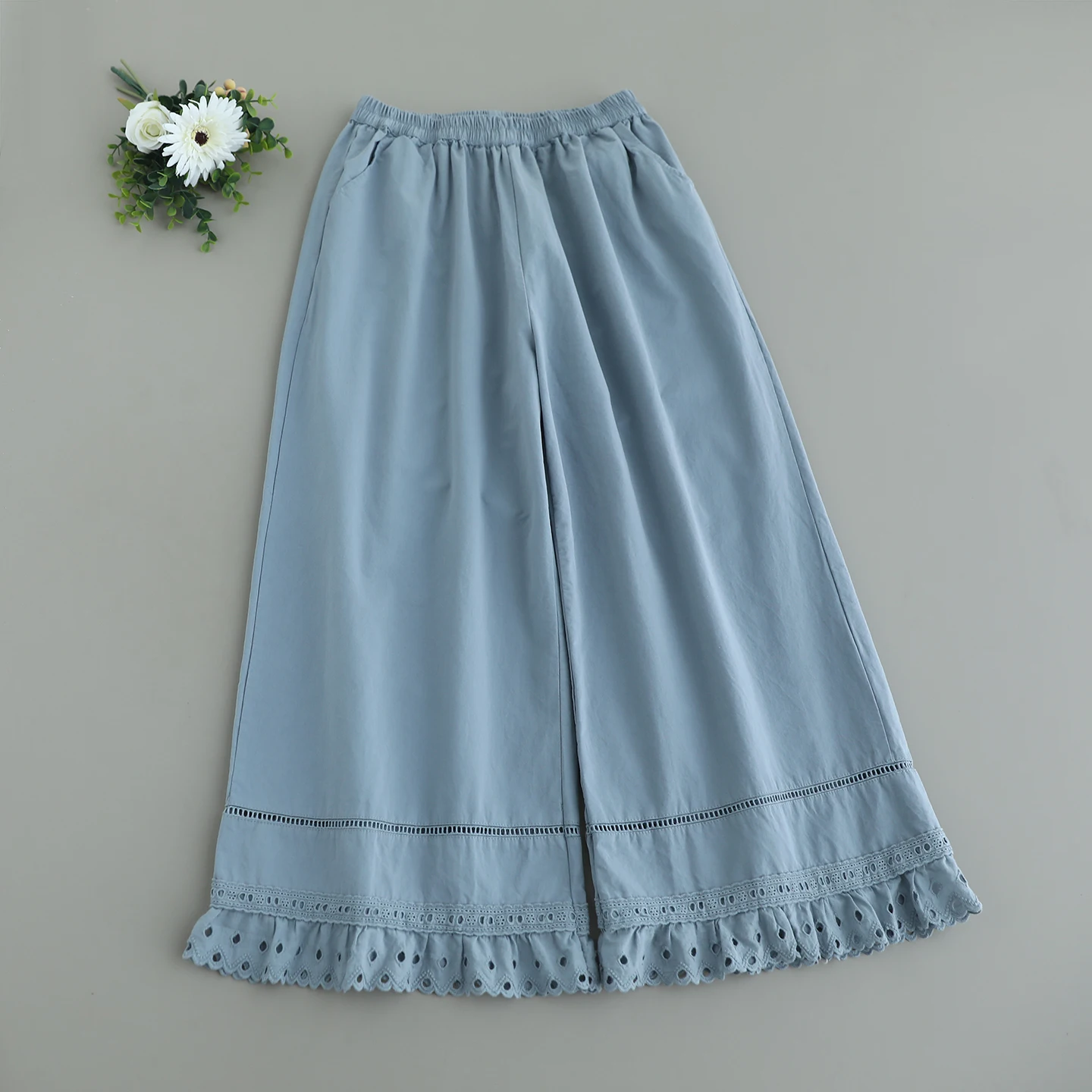 

Japanese Sweet Mori Girl Solid Color Hollow Out Patchwork Cotton Wide Leg Pants Women Summer Elastic Waist Casual Straight Pants