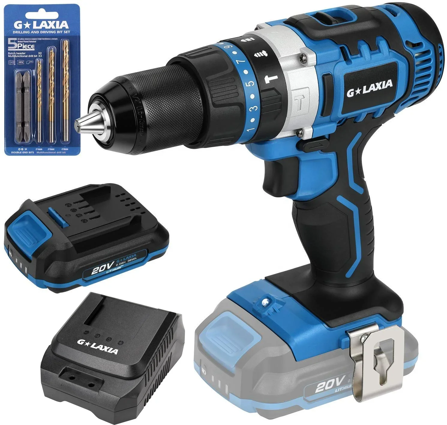 GALAXIA Cordless 20V Double Speed Impact Drill Spindle Lock with LED working light